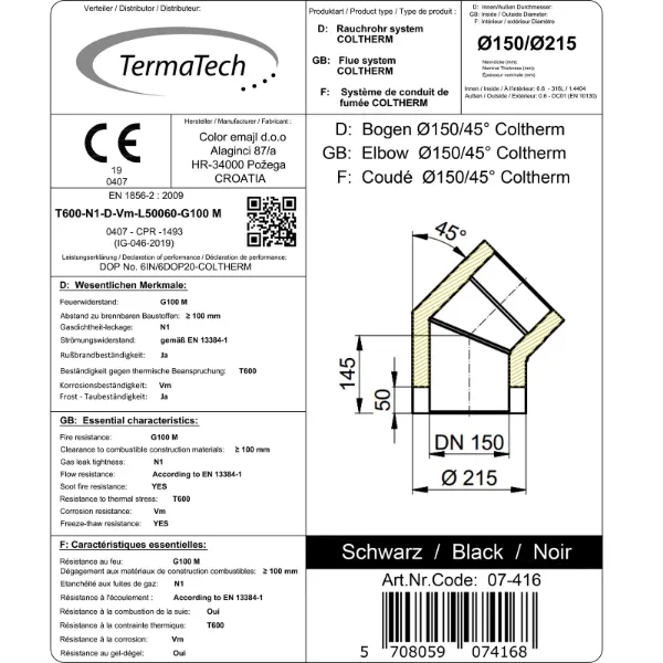 Isolert røykrør kne 45° Ø150mm svart