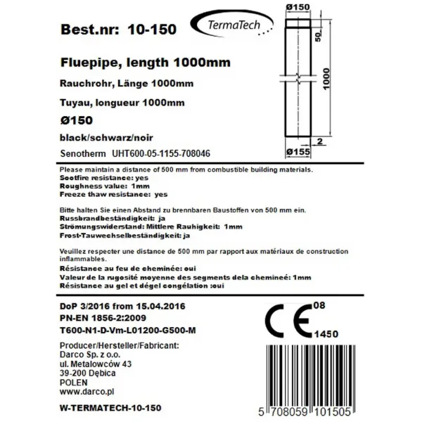 Røykrør rett 100 cm Ø150mm svart