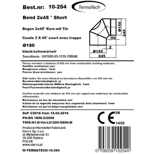 Røykrør bend kort 3-delt 90° med luke Ø150mm svart