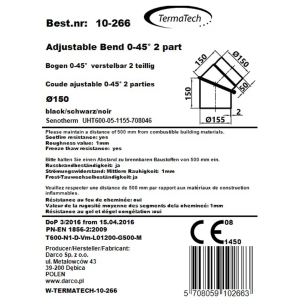 Røykrør bend justerbar 0-45° 2-delt Ø150mm svart