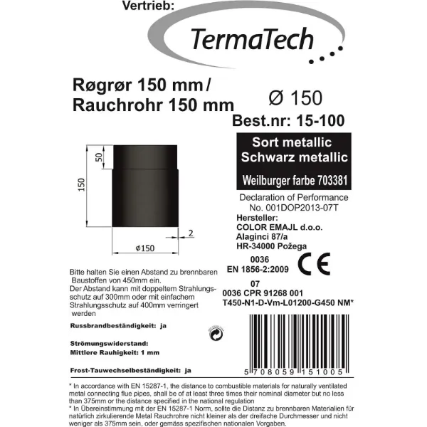 Røykrør rett 15 cm Ø150mm svart metallic