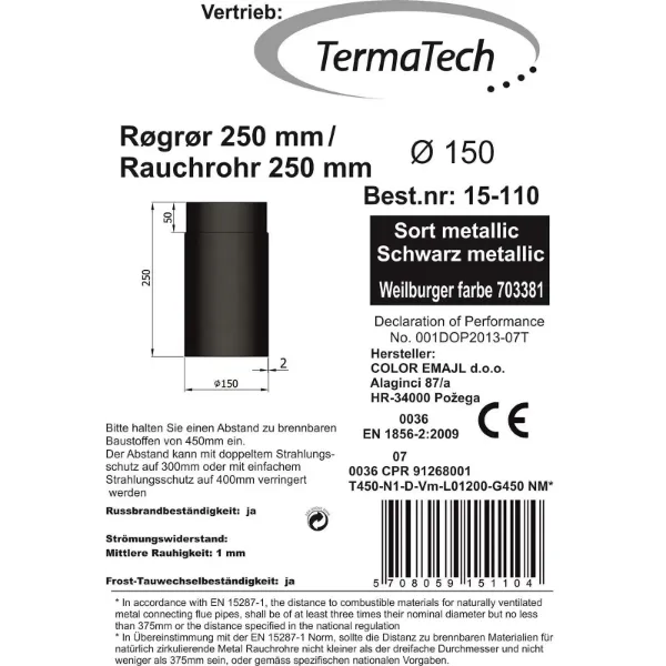 Røykrør rett 25 cm Ø150mm svart metallic
