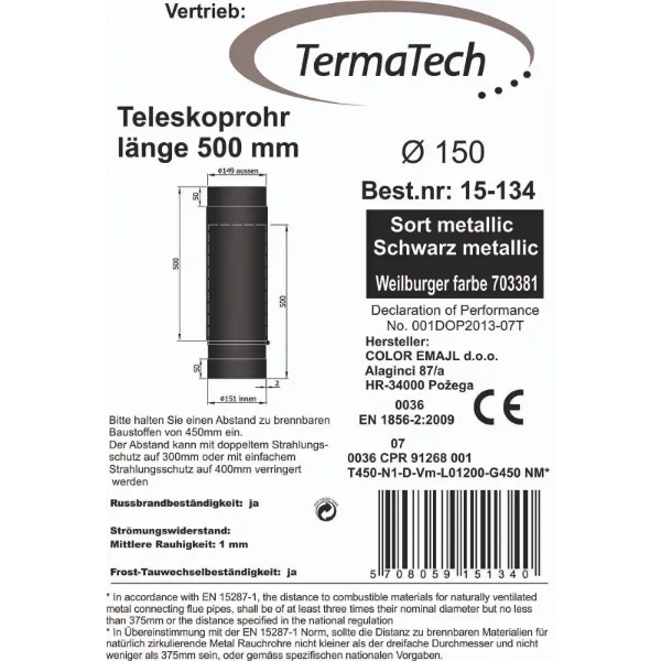 Røykrør rett teleskopisk 59-91 cm Ø150mm svart metallic