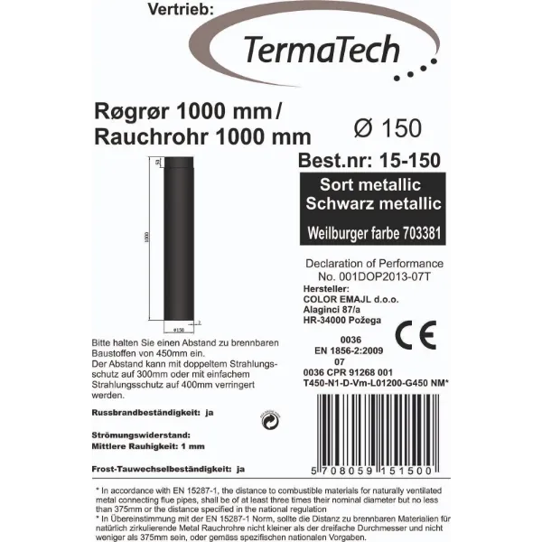 Røykrør rett 100 cm Ø150mm svart metallic