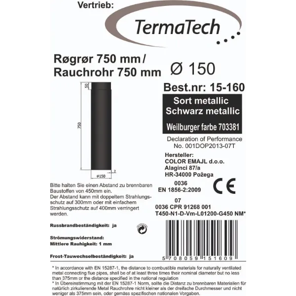 Røykrør rett 75 cm Ø150mm svart metallic