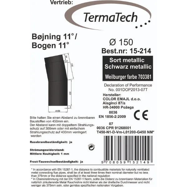 Røykrør bend 11° Ø150mm svart metallic