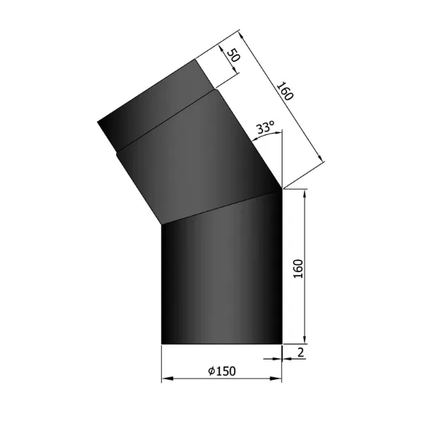 Røykrør bend 33° Ø150mm svart metallic