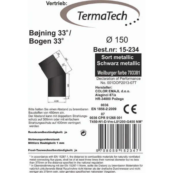 Røykrør bend 33° Ø150mm svart metallic