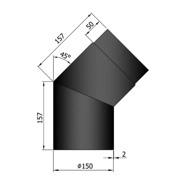 Røykrør bend 45° Ø150mm svart metallic