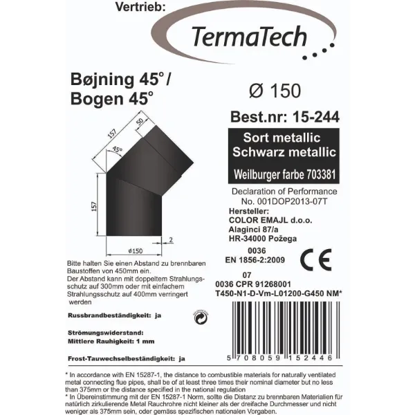 Røykrør bend 45° Ø150mm svart metallic