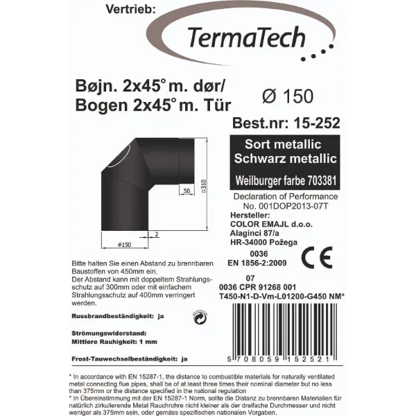 Røykrør bend 3-delt 90° med luke Ø150mm svart metallic