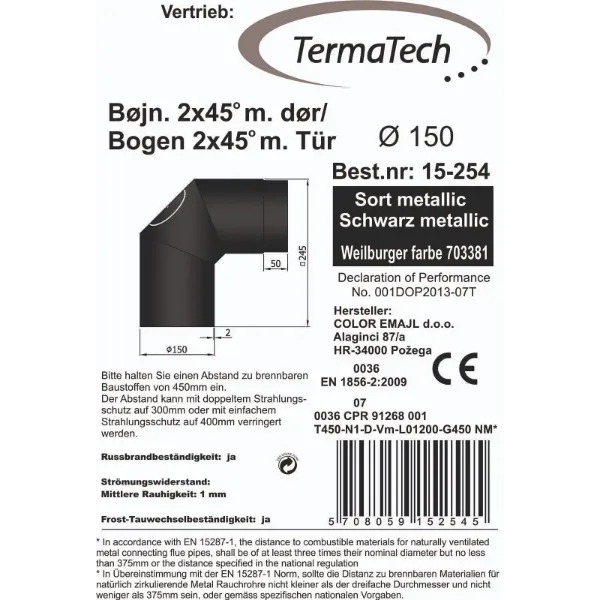 Røykrør bend kort 3-delt 90° med luke Ø150mm svart metallic