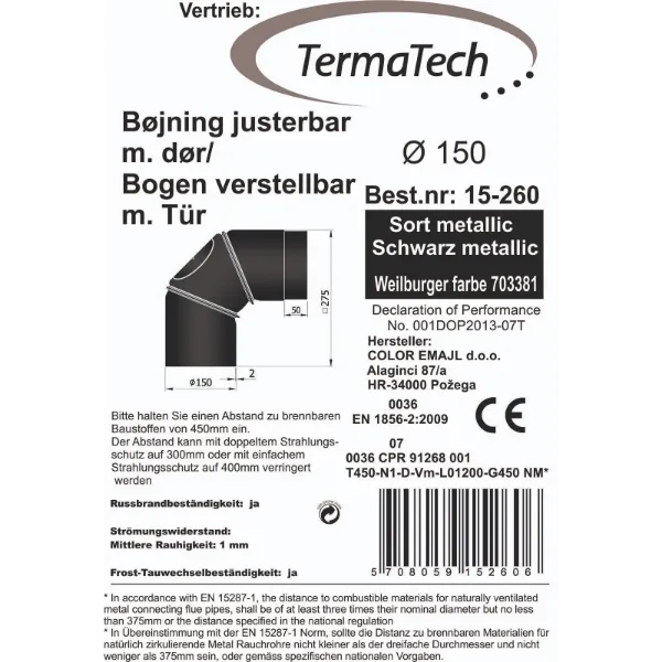 Røykrør bend justerbar 0-90° 3-delt Ø150mm svart metallic