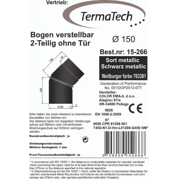 Røykrør bend justerbar 0-45° 2-delt Ø150mm svart metallic