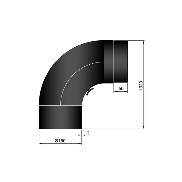 Røykrør bend 90° helbøyd 32x32 cm Ø150mm svart metallic