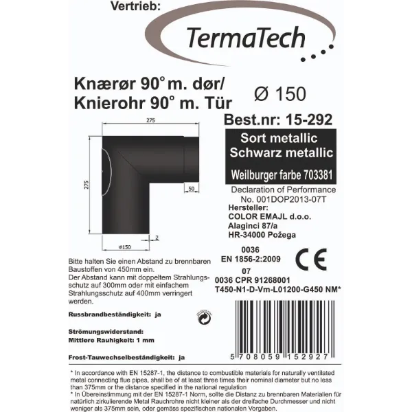 Røykrør bend 90°skarp Ø150mm svart