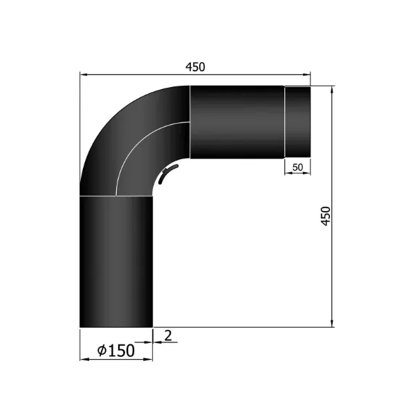 Røykrør bend 90° helbøyd 45x45 cm Ø150mm svart metallic