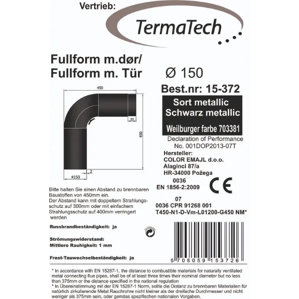 Røykrør bend 90° helbøyd 45x45 cm Ø150mm svart metallic